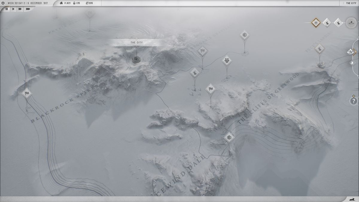 Mapa mundial de Frostpunk 2 con puntos de interés