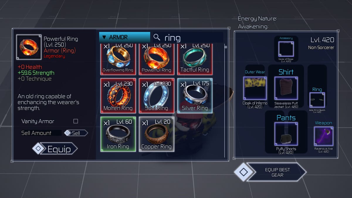 Menú de selección de anillos en Jujutsu Infinite