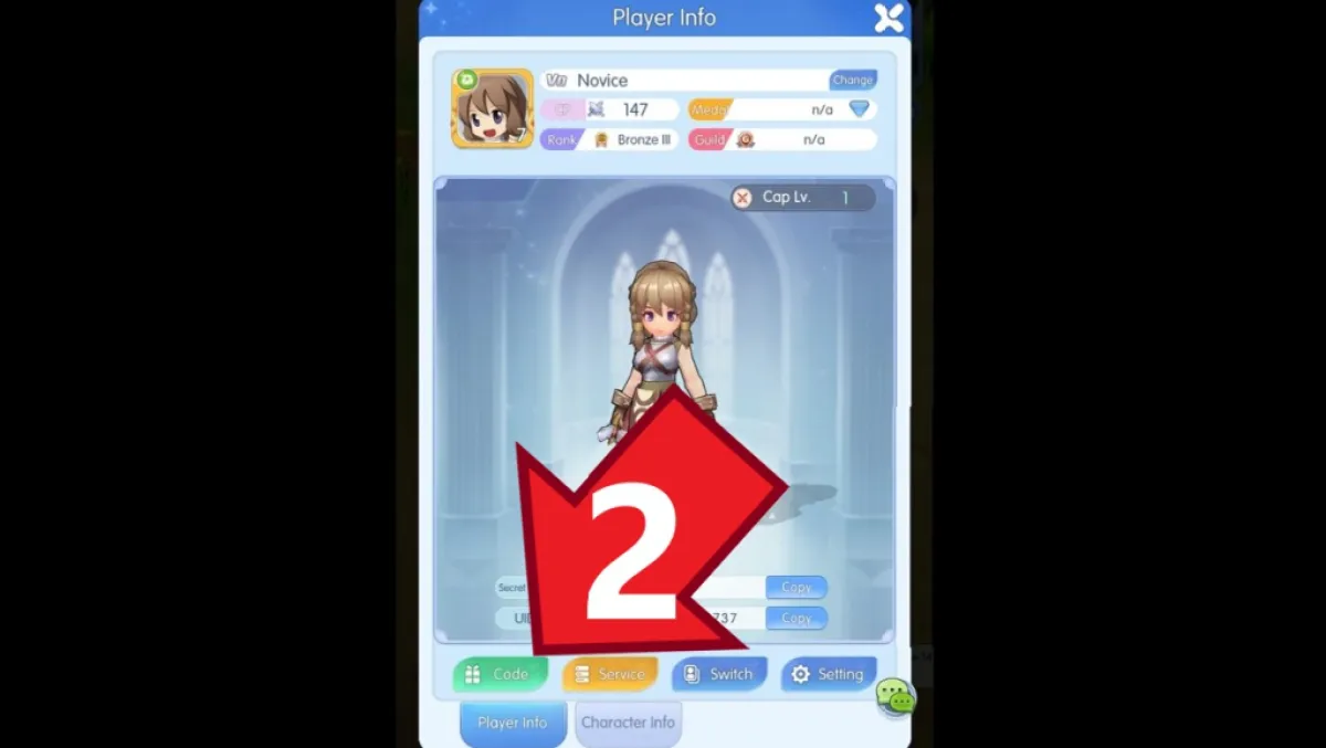 Botón de código de Ragnarok Idle Adventure Plus en el menú Información del reproductor
