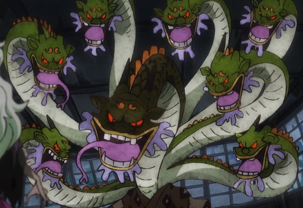 Orochi en su forma de ocho cabezas en un anime de una pieza.