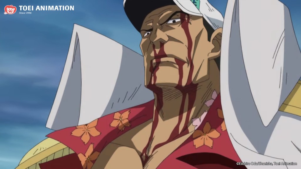 Akainu sangrando después de su pelea con Whitebeard en Marineford War