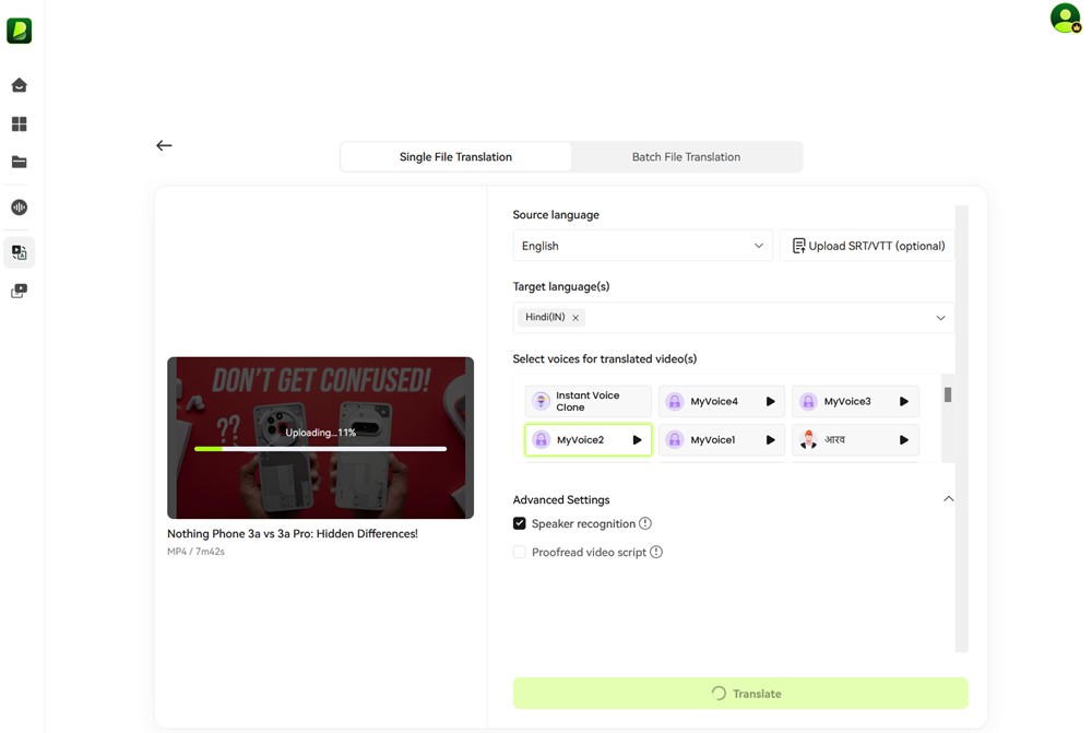 BlipCut Web UI con opciones para seleccionar lenguajes de traducción