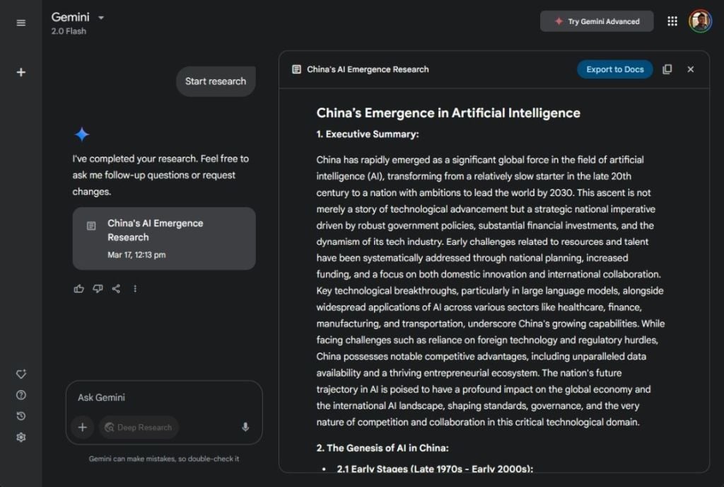 Agente de investigación profunda de Géminis sobre la aparición de IA de China