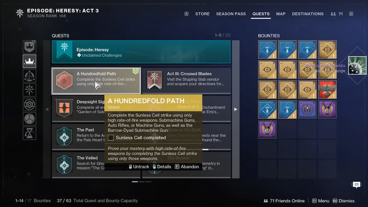 Una captura de pantalla del paso final de la misión en el Hundredfold Path en Destiny 2