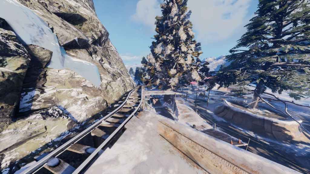 Un ferrocarril roto en una montaña nevada en Tony Hawk's Pro Skater 3+4.