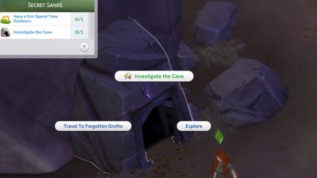 La opción investigar la cueva en una cueva en los sims 4