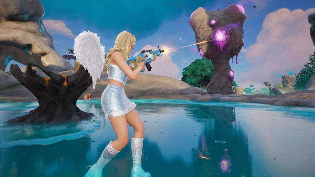 Juego mostrando a un jugador disparando un nido en Fortnite