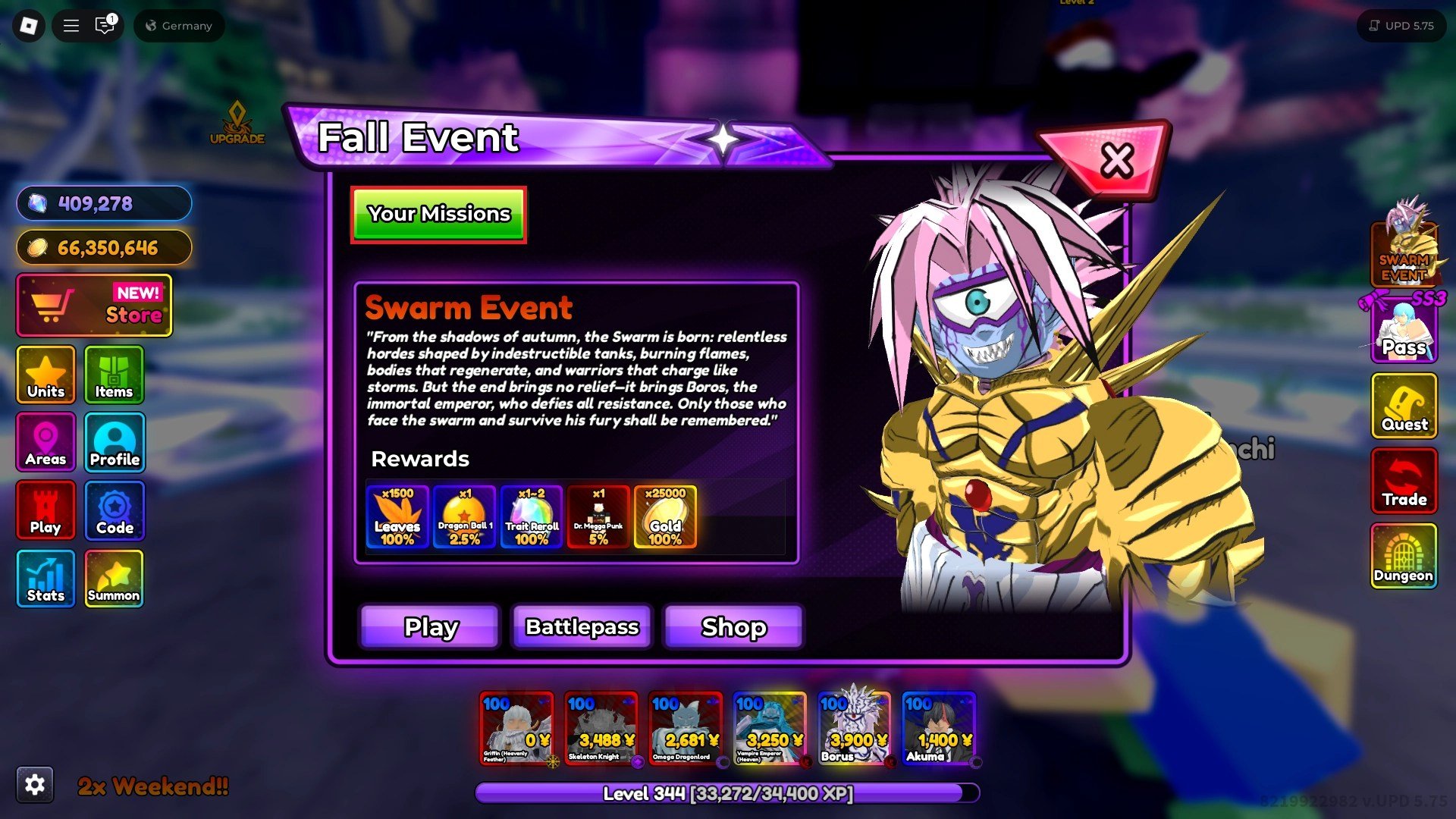 Menú del evento Swarm en la experiencia de Roblox de Anime Rangers X.