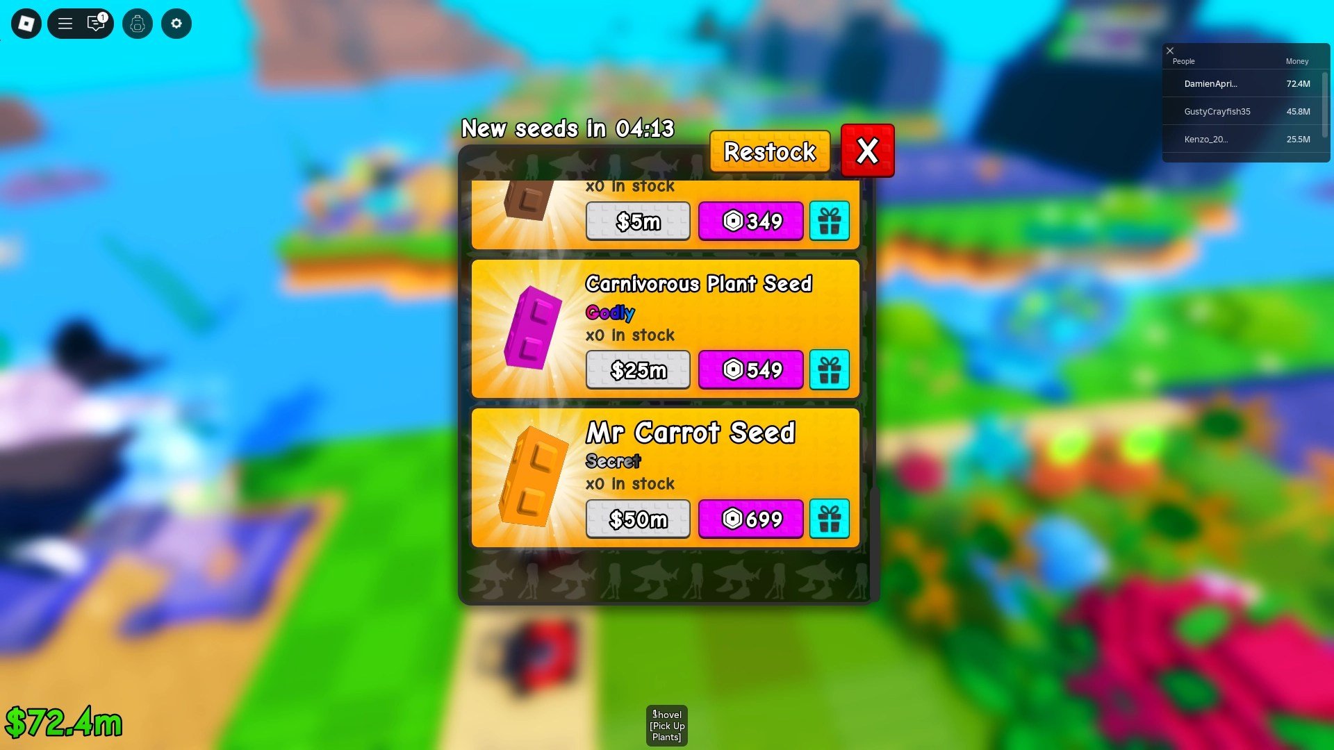Vista previa de la tienda de semillas en Plants vs Brainrots Roblox experience.