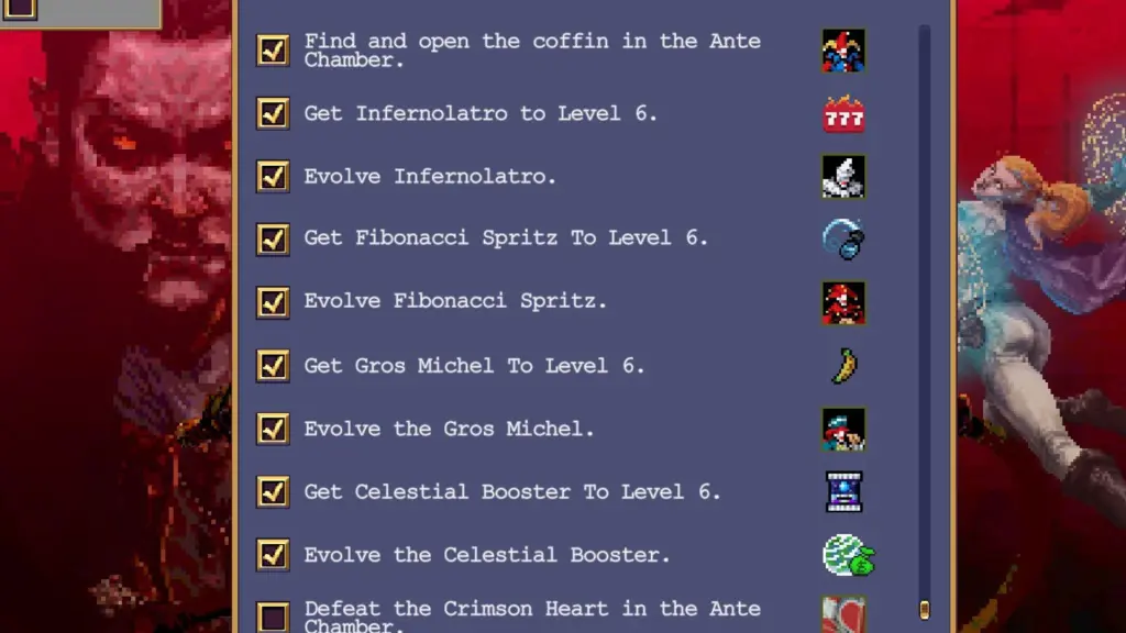La ventana de logros en Vampire Survivors mostrando los logros de Balatro