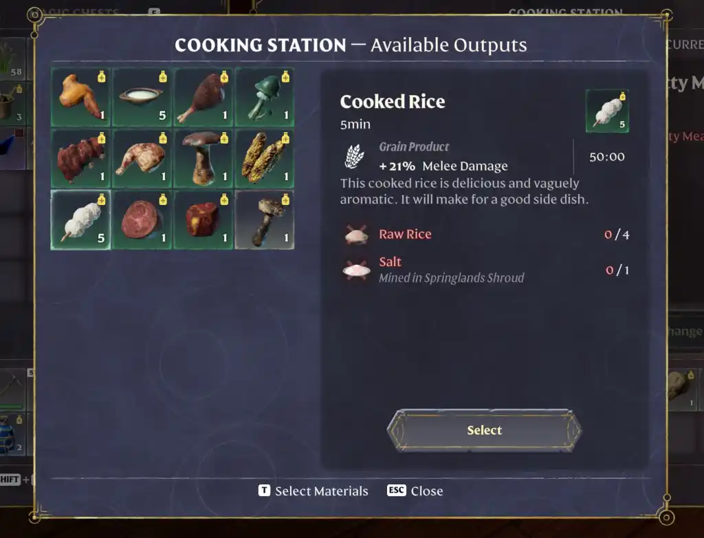 Una captura de pantalla del menú de la Estación de Cocina en Enshrouded, mostrando la opción de Arroz Cocido.