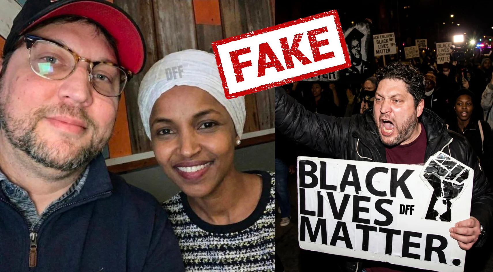 Una imagen falsa, generada por IA, de Anthony Kazmierczak e Ilhan Omar (izquierda) y otra imagen falsa de Anthony Kazmierczak sosteniendo un cartel de Black Lives Matter.