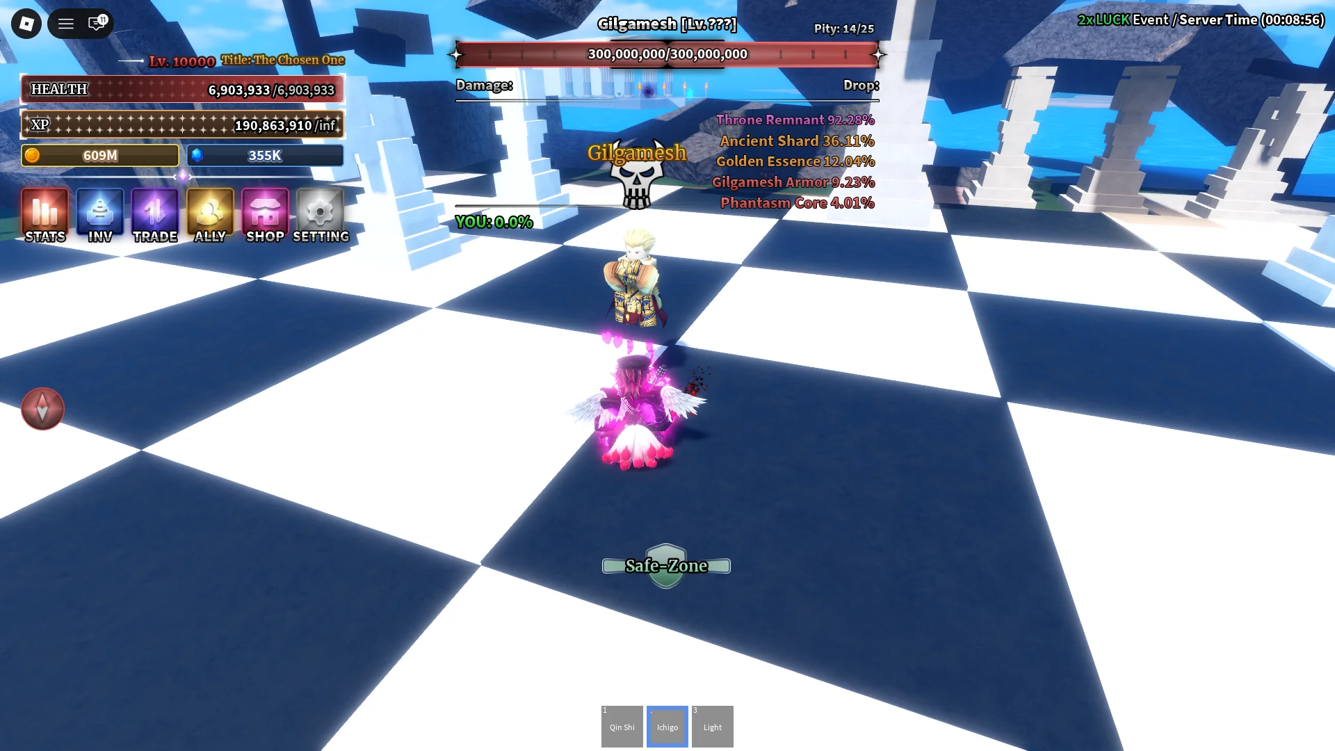 Un jugador luchando contra el jefe Gilgamesh en la Isla de los Jefes en la experiencia de Sailor Piece Roblox.