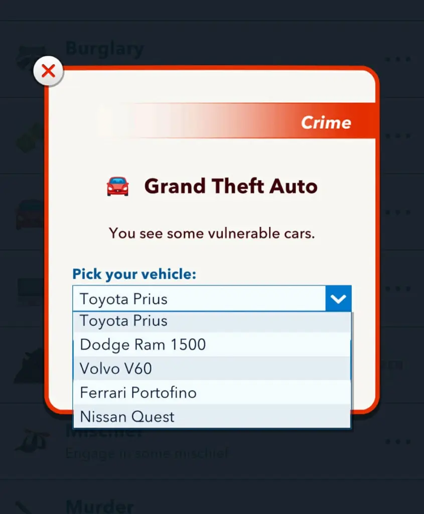 Robando un coche en BitLife