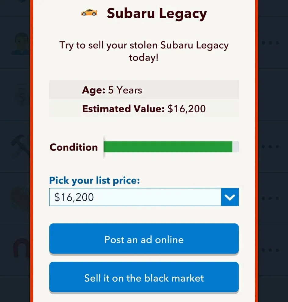 Vender un coche robado en BitLife
