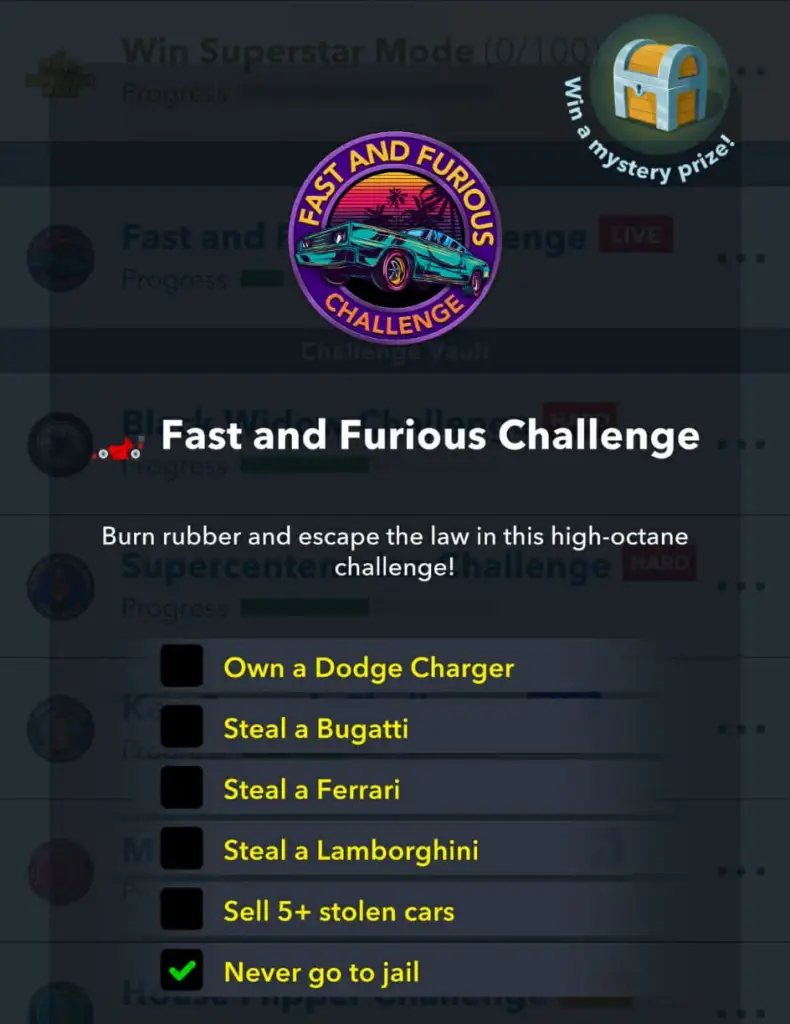 Objetivos del desafío Fast and Furious en BitLife