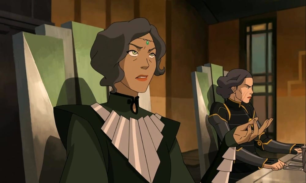 The Legend of Korra still of Suyin and Lin Beifong sitting at a table.