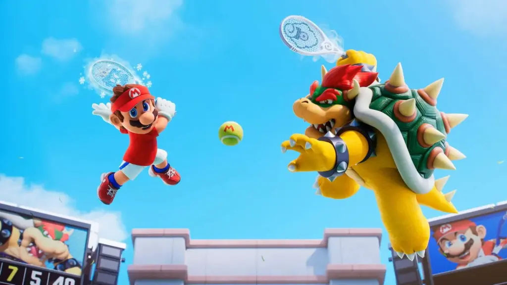 Mario y Bowser saltan al aire con raquetas de tenis, una pelota de tenis entre ellos, mientras ambos miran a la cámara y preparan sus saques.