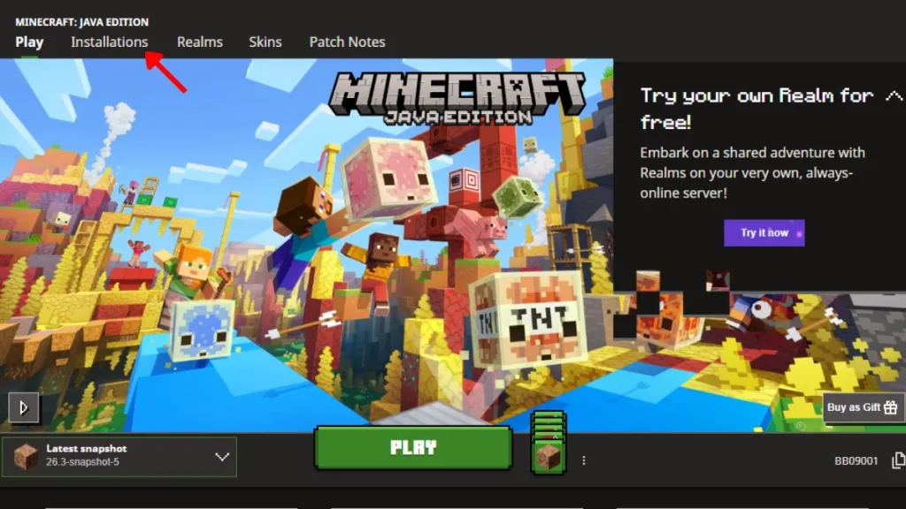 Abrir pestaña de Instalación en el lanzador de Minecraft