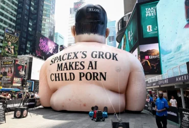 Elon Musk inflable en Times Square suplica ser reventado ¿Grok real?